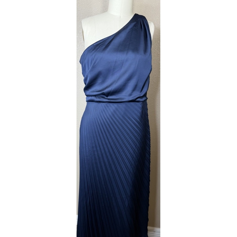 Sam Edelman Navy One Shoulder Pleated Maxi Dress Sz 10 Asymmetrical Cocktail‎